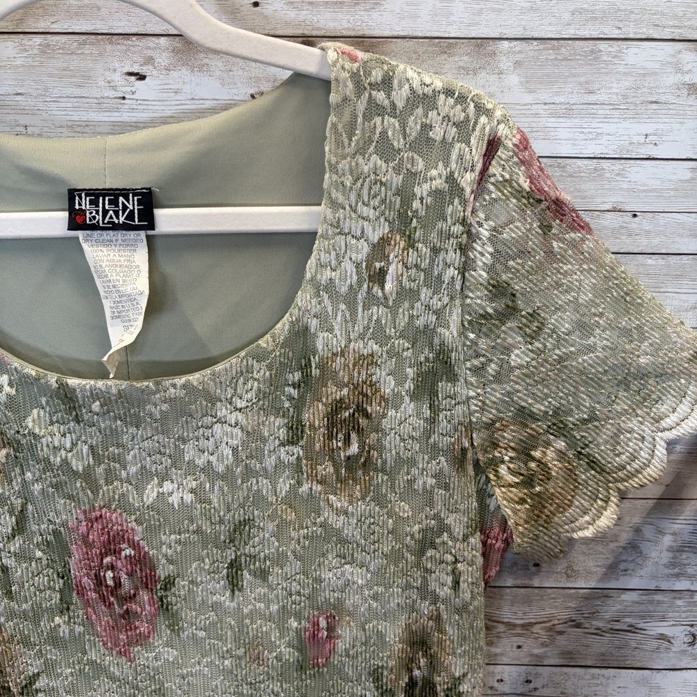 Vtg 90s Helene Blake Womens 12 Dress Sage Green Floral Lace Cottagecore Made USA